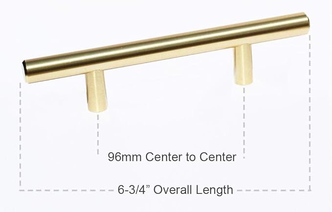 Satin Brass Cabinet Hardware Euro Style Bar Handle Pull - 6-3/4" Length - 96mm ~ 3-3/4" Hole - Brushed Brass Modern Gold