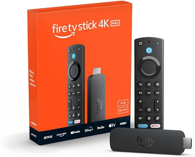 Fire TV Stick 4K Max (newest model), our most powerful 4K streaming stick with Wi-Fi 6E support, 16GB Storage, free and live tv