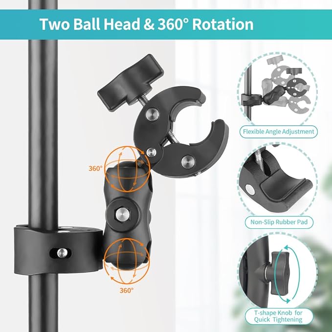 Double Clamp Mount with 360°Magic Arm Umbrella Pole Clamp for Chair Monitor Desk Photo Studio Light Stand, Photography Reflector, Strollers, Motorcycle, Flag Holder Mount, Cross Bar, Photo Boom Stand