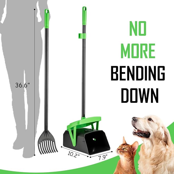 Pooper Scooper Swivel Bin & Rake with 20 Waste Bags, Dog Pooper Scooper with Bag Attachment for Large Medium Small Dogs, Poop Scooper with Lid for Lawn Yard Dog Kennel