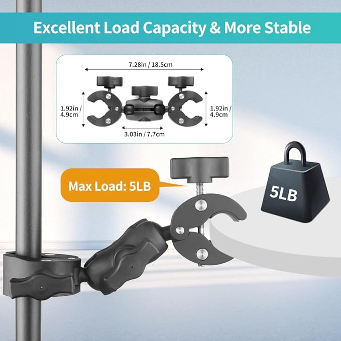 Double Clamp Mount with 360°Magic Arm Umbrella Pole Clamp for Chair Monitor Desk Photo Studio Light Stand, Photography Reflector, Strollers, Motorcycle, Flag Holder Mount, Cross Bar, Photo Boom Stand
