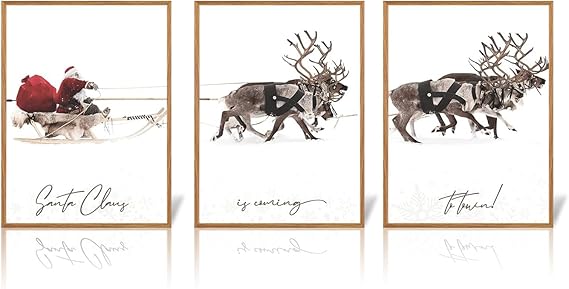 Wall Christmas Decorations, Christmas Signs for Home Decor, Christmas Santa Claus with Sleigh Deer for Christmas Wall Art Prints, Set of 3 Xmas Pictures for Wall (11 x 14 inches, UNFRAMED)