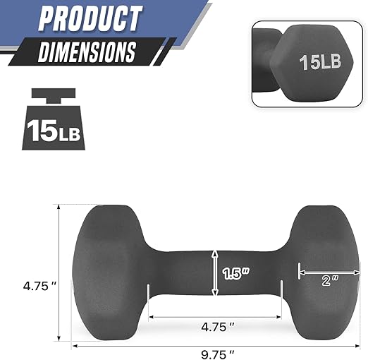 Dumbbells Hand Weights Set of 2 (15 LBS)- Neoprene Coated Hexagon Workout Dumbbell Weight, Anti-roll Hexagon Shape No Roll Design for Home Office Workout