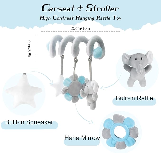vocheer Car Seat Toys for Babies 0-6 Months Boys, Hanging Rattle Bouncer Toys for Crib Mobile, Infant Spiral Plush Stroller Toys, Grey Elephants