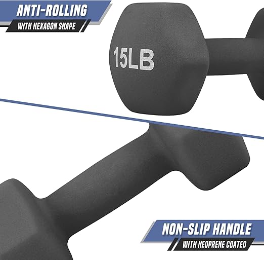 Dumbbells Hand Weights Set of 2 (15 LBS)- Neoprene Coated Hexagon Workout Dumbbell Weight, Anti-roll Hexagon Shape No Roll Design for Home Office Workout