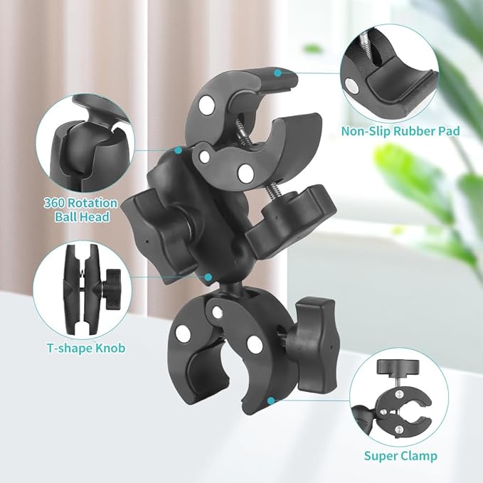 Double Clamp Mount with 360°Magic Arm Umbrella Pole Clamp for Chair Monitor Desk Photo Studio Light Stand, Photography Reflector, Strollers, Motorcycle, Flag Holder Mount, Cross Bar, Photo Boom Stand