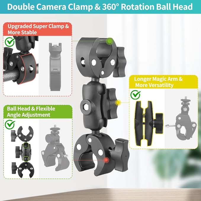 Double Clamp Mount with 360°Magic Arm Umbrella Pole Clamp for Chair Monitor Desk Photo Studio Light Stand, Photography Reflector, Strollers, Motorcycle, Flag Holder Mount, Cross Bar, Photo Boom Stand