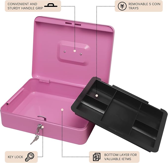 Steel Cash Box with Key Lock, Metal Small Money Organizer with Money Tray,Cash Storage Box with Lockable Cover (Pink - 11.8" x 9.4" x 3.5")