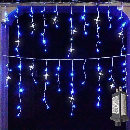 YASENN LED Icicle Style Lights,Icicle Lights with Twinkling strobes,Sparkling Icicle Lights for Indoor Outdoor Eaves Christmas Wall Decorations (29.5FT white cable icicle, Blue + Cool White Strobe)