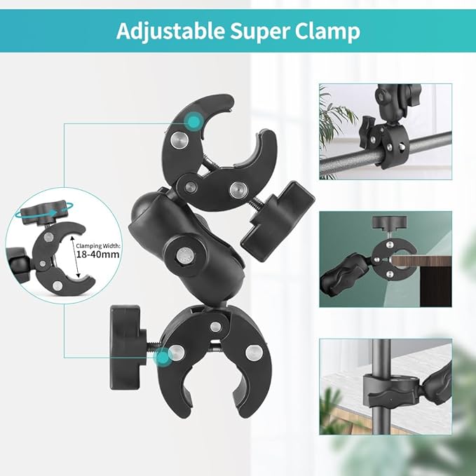 Double Clamp Mount with 360°Magic Arm Umbrella Pole Clamp for Chair Monitor Desk Photo Studio Light Stand, Photography Reflector, Strollers, Motorcycle, Flag Holder Mount, Cross Bar, Photo Boom Stand