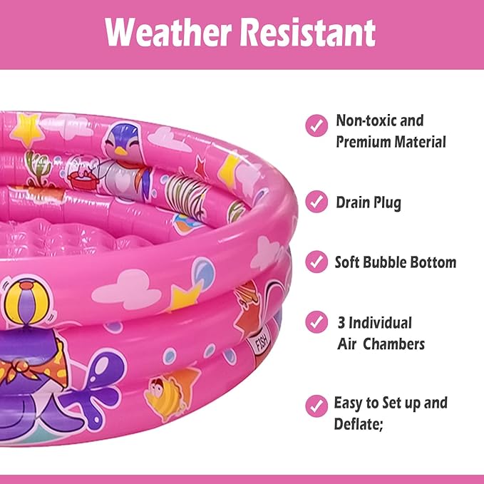 Big Summer 3 Rings Kiddie Pool, 48"X12", Kids Swimming Pool, Inflatable Baby Ball Pit Pool, Small Infant Pool (Pink)