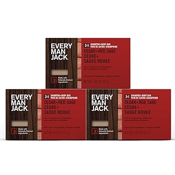 Every Man Jack Cedar  Red Sage Mens Soap Bar for Body and Hair with Shea Butter, Aloe Vera, and Glycerin to Deep Clean, Hydrate, and Soothe Skin - Naturally Derived, Zero Harmful Chemicals - 3 Pack