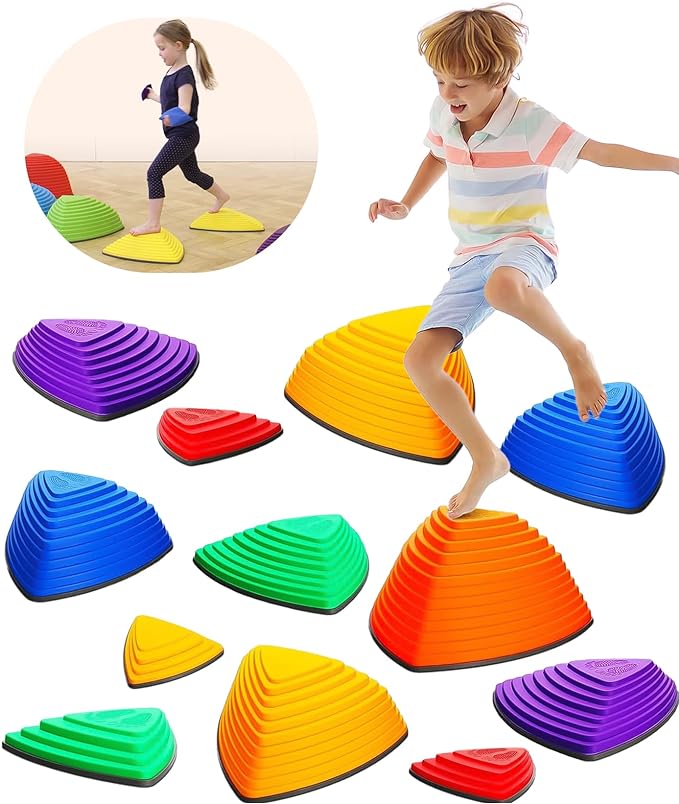 Giggle & Play Stepping Stones For Kids, Set Of 12, Montessori Indoor and Outdoor Balance Stepping Stones, Promotes Coordination, Balanced Strength Child Safe Rubber, Sports, Vibrant Colors, Non-Slip Edges