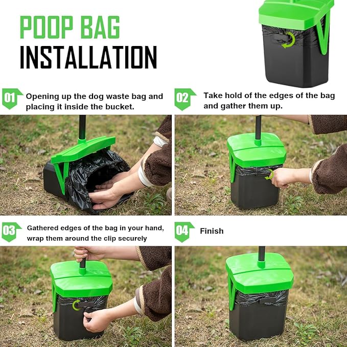 Pooper Scooper Swivel Bin & Rake with 20 Waste Bags, Dog Pooper Scooper with Bag Attachment for Large Medium Small Dogs, Poop Scooper with Lid for Lawn Yard Dog Kennel