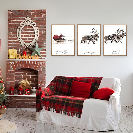 Wall Christmas Decorations, Christmas Signs for Home Decor, Christmas Santa Claus with Sleigh Deer for Christmas Wall Art Prints, Set of 3 Xmas Pictures for Wall (11 x 14 inches, UNFRAMED)