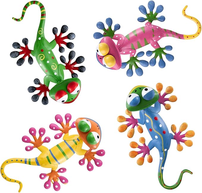 YEAHOME 4 Pack Metal Geckos Inspirational Wall Art, Mexican Outdoor Wall Decor with Shaking Head, Lizard Wall Sculptures & Statues for Farmhouse, Porch, Patio, Lawn, Fence, Backyard