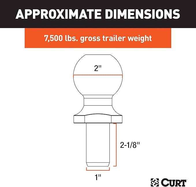 CURT 40070 2-Inch Chrome Trailer Hitch Ball, 7,500 lbs, 1 x 2-1/8-Inch Shank, Packaged