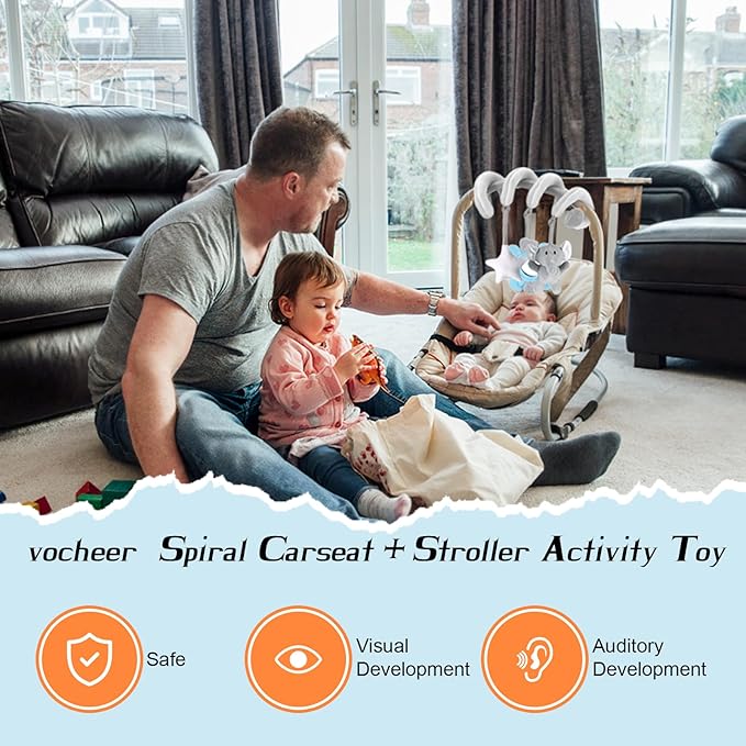 vocheer Car Seat Toys for Babies 0-6 Months Boys, Hanging Rattle Bouncer Toys for Crib Mobile, Infant Spiral Plush Stroller Toys, Grey Elephants