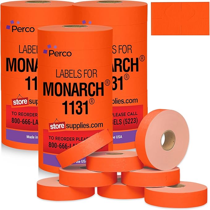 Perco Fluorescent Red Pricing Labels for Monarch 1131 Price Gun – 3 Sleeves, 24 Rolls Value Pack - 60,000 Price Marking Labels – with Ink Rolls Included