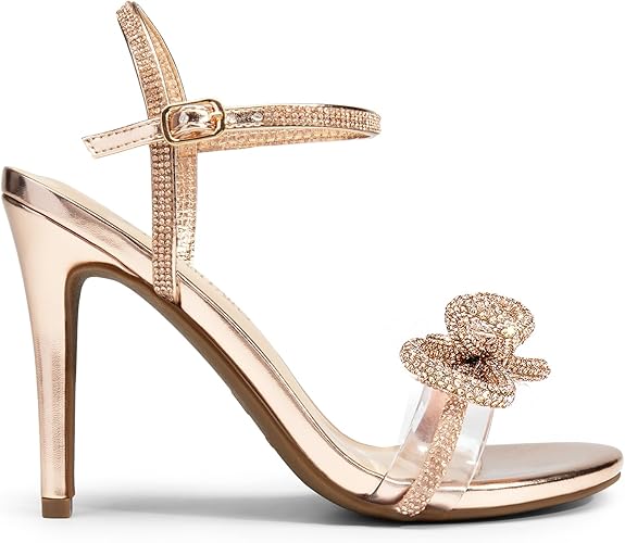 DREAM PAIRS Women's Heels Round Toe Rhinestone Double Bowknots Sparkly Stilettos Heeled Sandals Shoes for Party Evening