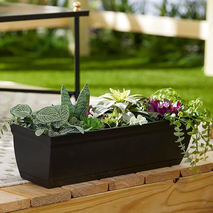 The HC Companies 24 Inch Eclipse Window Planter - Indoor Outdoor Rectangular Plant Pot with Removable Saucer for Flowers, Herbs, Black