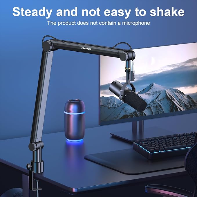 Aokeo Mic Arm, Boom Arm Microphone Stand Desk with Mount Clamp Cable Management Channels Detachable Riser 5/8" Thread Adapter for Blue Yeti Snowball Hyper X QuadCast SoloCast AT2020 Shure SM7B MV7