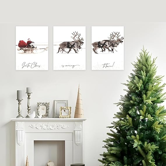 Wall Christmas Decorations, Christmas Signs for Home Decor, Christmas Santa Claus with Sleigh Deer for Christmas Wall Art Prints, Set of 3 Xmas Pictures for Wall (11 x 14 inches, UNFRAMED)