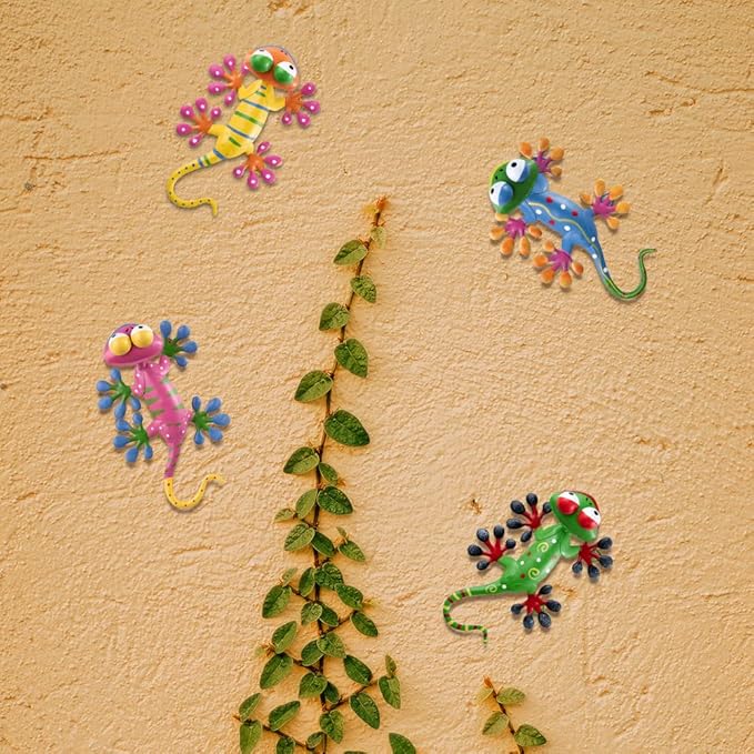 YEAHOME 4 Pack Metal Geckos Inspirational Wall Art, Mexican Outdoor Wall Decor with Shaking Head, Lizard Wall Sculptures & Statues for Farmhouse, Porch, Patio, Lawn, Fence, Backyard