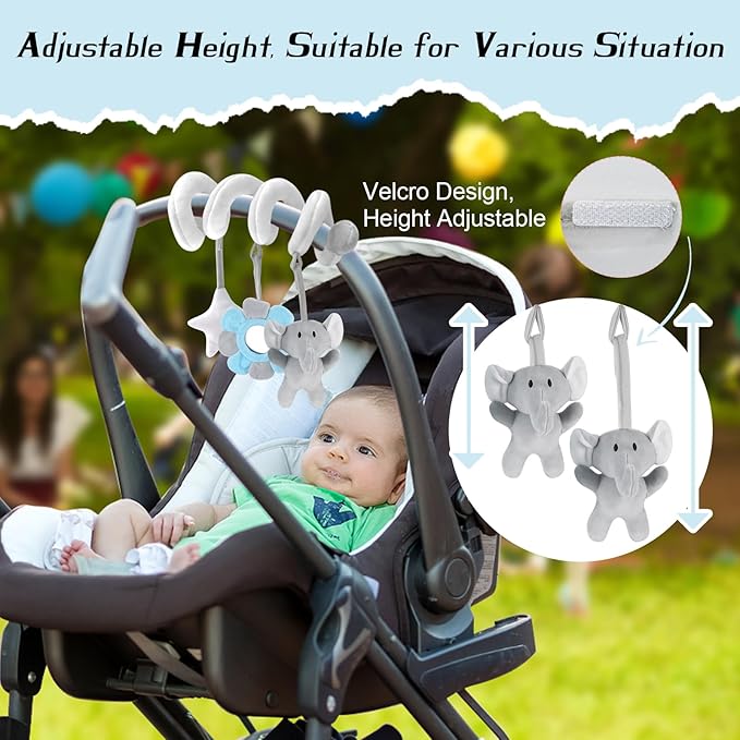 vocheer Car Seat Toys for Babies 0-6 Months Boys, Hanging Rattle Bouncer Toys for Crib Mobile, Infant Spiral Plush Stroller Toys, Grey Elephants
