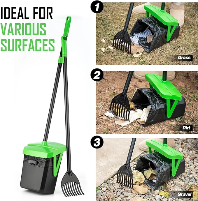 Pooper Scooper Swivel Bin & Rake with 20 Waste Bags, Dog Pooper Scooper with Bag Attachment for Large Medium Small Dogs, Poop Scooper with Lid for Lawn Yard Dog Kennel