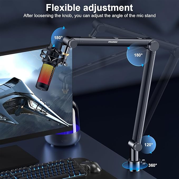 Aokeo Mic Arm, Boom Arm Microphone Stand Desk with Mount Clamp Cable Management Channels Detachable Riser 5/8" Thread Adapter for Blue Yeti Snowball Hyper X QuadCast SoloCast AT2020 Shure SM7B MV7