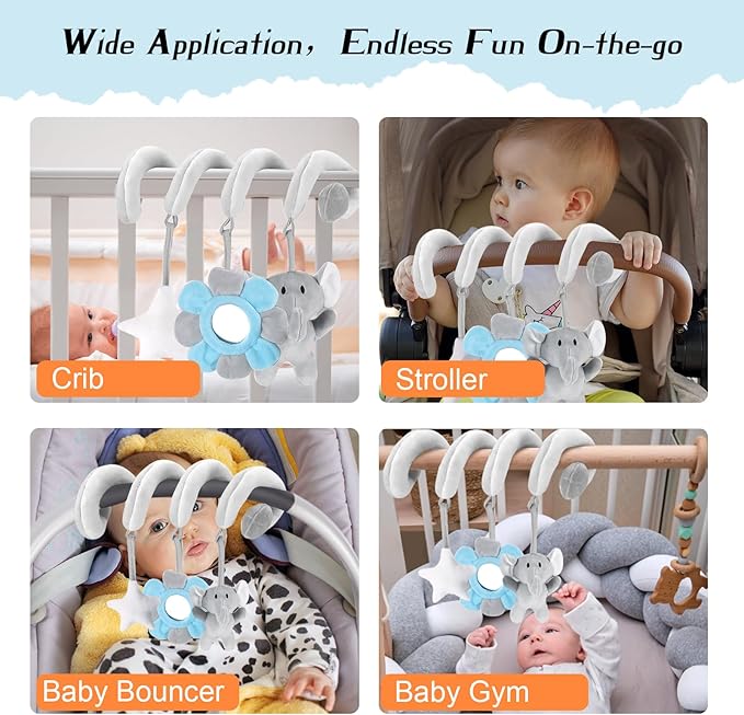 vocheer Car Seat Toys for Babies 0-6 Months Boys, Hanging Rattle Bouncer Toys for Crib Mobile, Infant Spiral Plush Stroller Toys, Grey Elephants