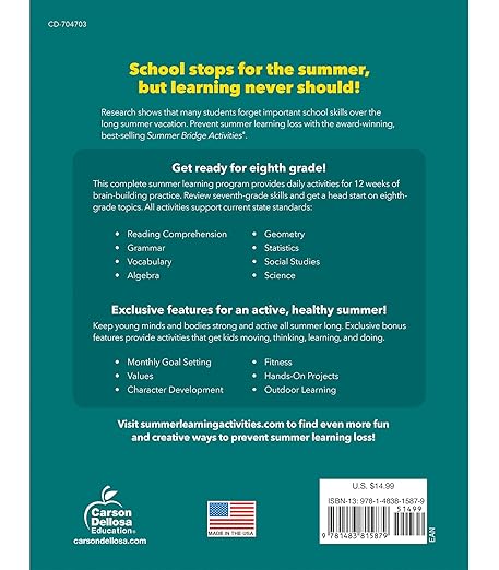 Summer Bridge Activities 7th Grade to 8th Grade Workbooks All Subjects, Math, Language Arts, Science, Social Studies, Fitness, Seventh & Eighth Grade With Flash Cards, eBooks & More (Volume 9)