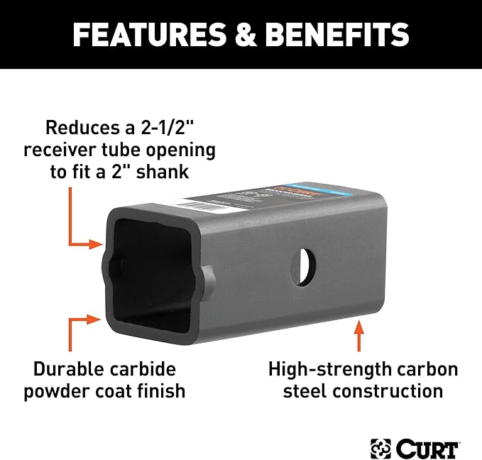 CURT 45405 Trailer Hitch Receiver Adapter Reducer Sleeve, 2-1/2 to 2-Inch, Carbide Black Powder Coat