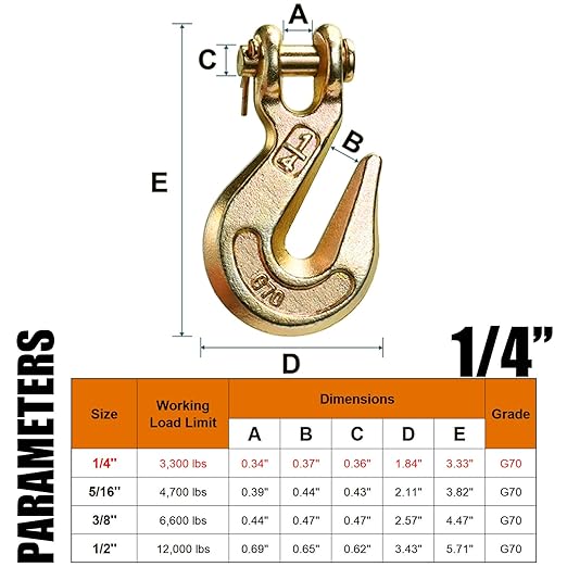 Leero G70 1/4" Clevis Grab Hook, Heavy Duty Forged Steel Rigging Chain Hooks with 3,300 Lbs(1.63 Tons) Working Load Limit, Tow Hook for Transport Truck Trailer, Yellow Zinc Finish, 2 Pack