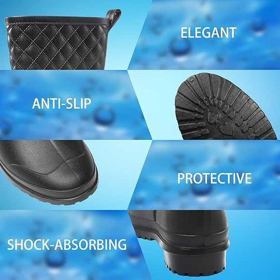 Petrass Women Rain Boots Black Waterproof Mid Calf Lightweight Cute Booties Fashion Out Work Comfortable Garden Shoes