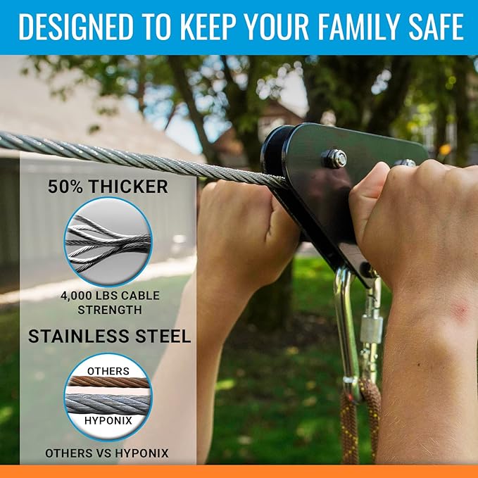 Zip Line Kit for Kids and Adults, 100120150200 ft, Up to 350 Lbs, Rustproof Stainless Steel, Quick Setup with Ratchet, Safety Harness, Backyard Adventure Fun Includes Climbing Holds