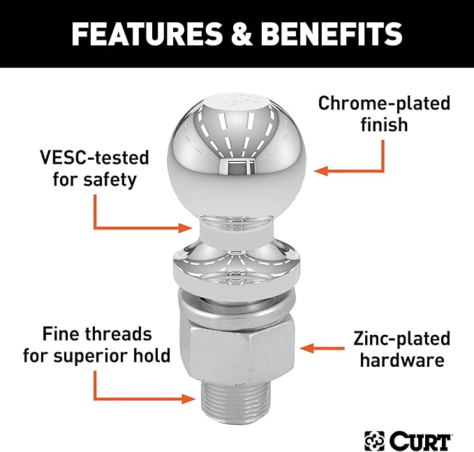 CURT 40074 Chrome Trailer Hitch Ball, 6,000 lbs, 2-Inch Diameter, 1 x 3-Inch Shank