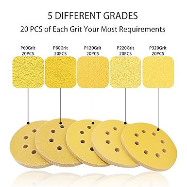 Ajkwp 5-Inch 8-Hole Sanding Disc Hook and Loop, 100 Pcs Orbital Sanding Discs, 60/80/120/220/320 Assorted Grits Gold Sandpaper for Woodworking or Sanding Discs Gold Random Orbital Sander Brand: Akjwp