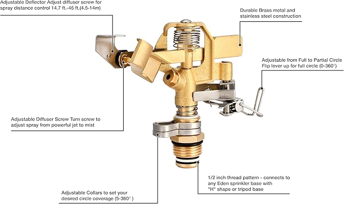 Eden 16032 Brass Impact Sprinkler, Heavy Duty Sprinkler Head, Adjustable 0-360 Degrees Pattern, Watering Sprinklers for Yard, Lawn and Grass Irrigation