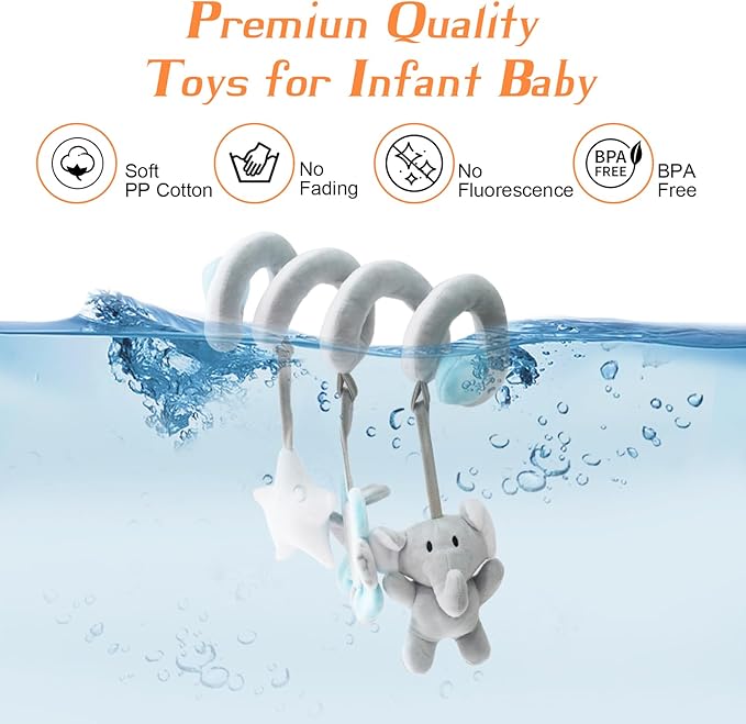 vocheer Car Seat Toys for Babies 0-6 Months Boys, Hanging Rattle Bouncer Toys for Crib Mobile, Infant Spiral Plush Stroller Toys, Grey Elephants