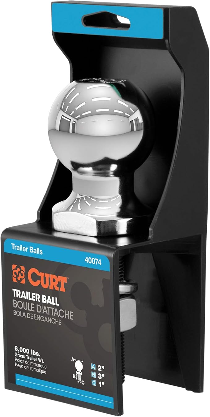 CURT 40074 Chrome Trailer Hitch Ball, 6,000 lbs, 2-Inch Diameter, 1 x 3-Inch Shank