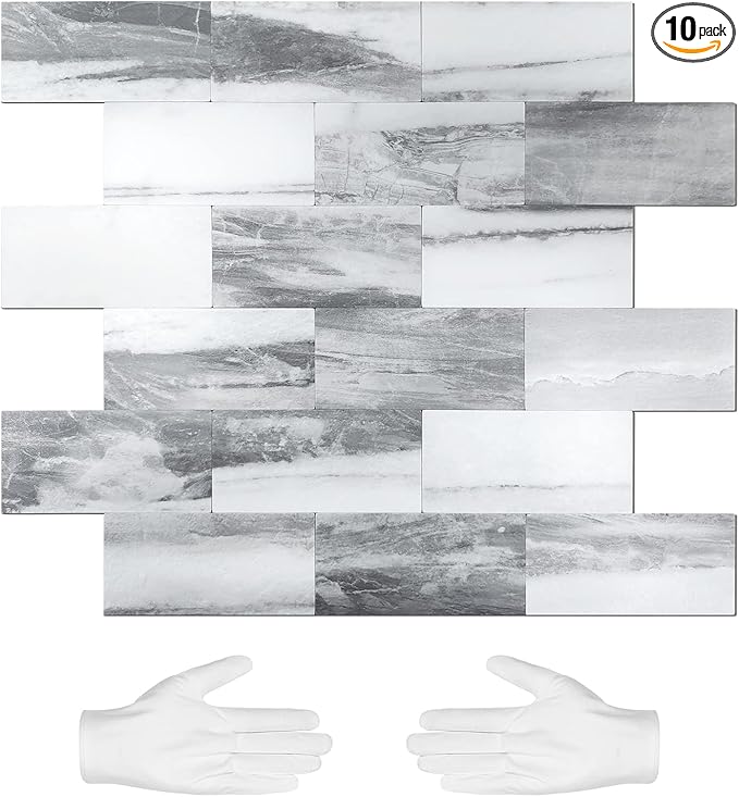 STICKGOO 10-Sheets Peel and Stick Backspalsh, Stick on PVC Wall Tiles, Gray Sky Marble Kitchen Backsplash, Self Adhesive Subway Tile for Kitchen, Bathroom Vanity, RV