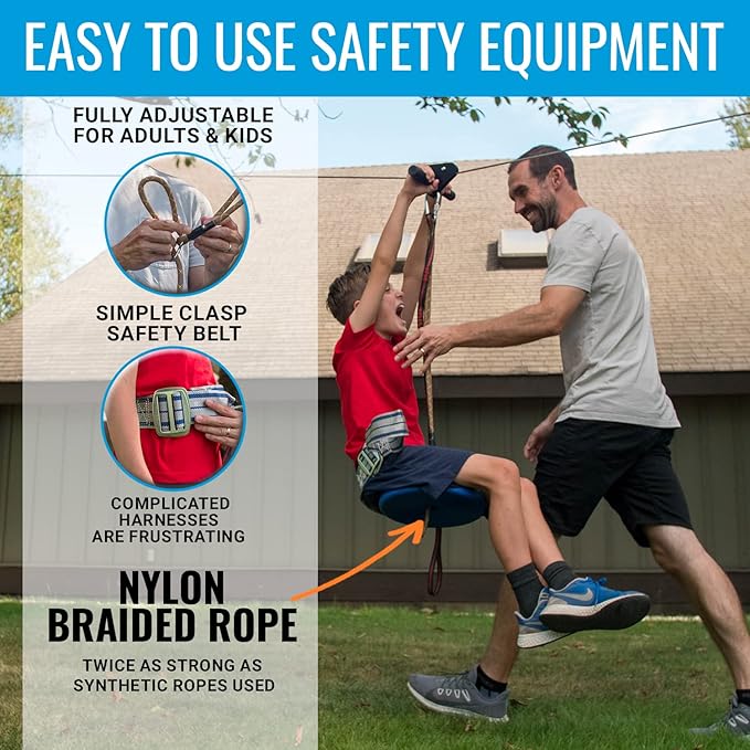 Zip Line Kit for Kids and Adults, 100120150200 ft, Up to 350 Lbs, Rustproof Stainless Steel, Quick Setup with Ratchet, Safety Harness, Backyard Adventure Fun Includes Climbing Holds