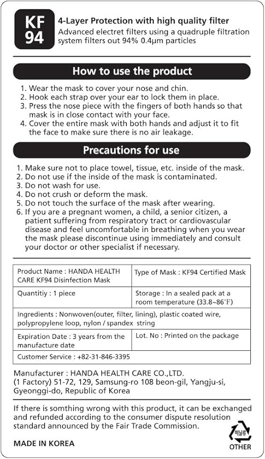 (10 Count) Good Manner KF94 Protective Face Safety Mask (White) Made in South Korea