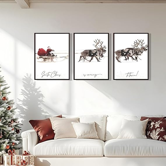 Wall Christmas Decorations, Christmas Signs for Home Decor, Christmas Santa Claus with Sleigh Deer for Christmas Wall Art Prints, Set of 3 Xmas Pictures for Wall (11 x 14 inches, UNFRAMED)