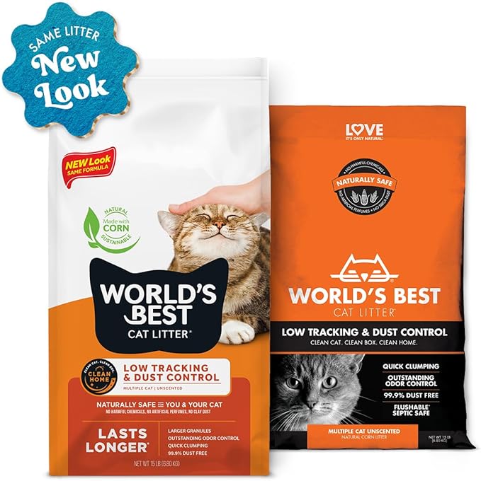 WORLD'S BEST CAT LITTER Low Tracking & Dust Control Multiple Cat Unscented 15-Pounds - Natural Ingredients, Quick Clumping, Flushable & Made in USA - Long-Lasting Odor Control & Easy Scooping