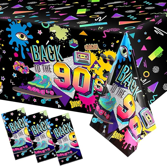 Tegeme 3 Pcs 90s Plastic Party Table Cover Back to The 90's Tablecloth 90s Birthday Party Decoration The 90's Hip Hop Supplies Throwback Birthday Decor for Room Kitchen 54 x 108 Inch