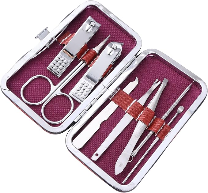 Nail Clippers, Stainless Steel Anti-Splash Nail Clippers, Nail Clippers with Flat Mouth Household File, for Manicure, Pedicure, Women and Men (8 Piece Set Red)