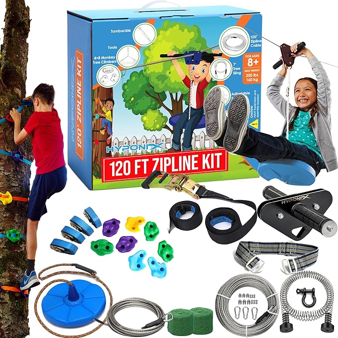 Zip Line Kit for Kids and Adults, 100120150200 ft, Up to 350 Lbs, Rustproof Stainless Steel, Quick Setup with Ratchet, Safety Harness, Backyard Adventure Fun Includes Climbing Holds